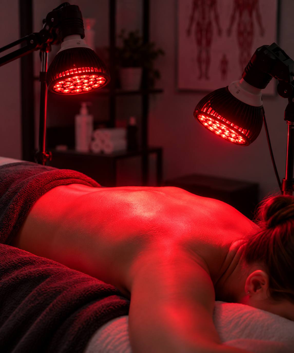 Red light therapy lamps positioned over a client's back